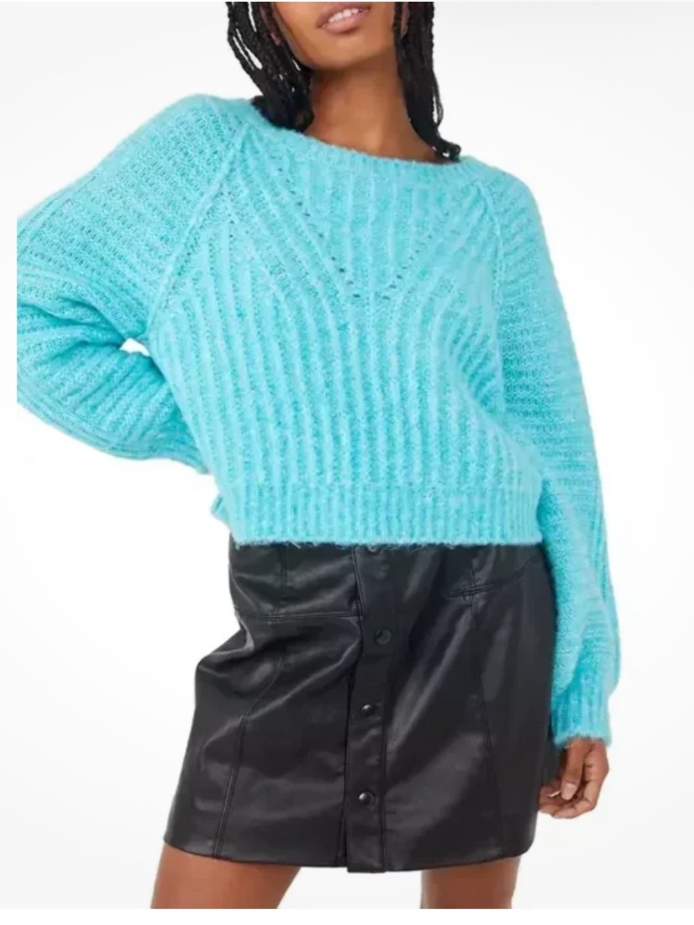 Free People Boho Balloon Sleeve Carter Pullover Knit Sweater Aqua Size M